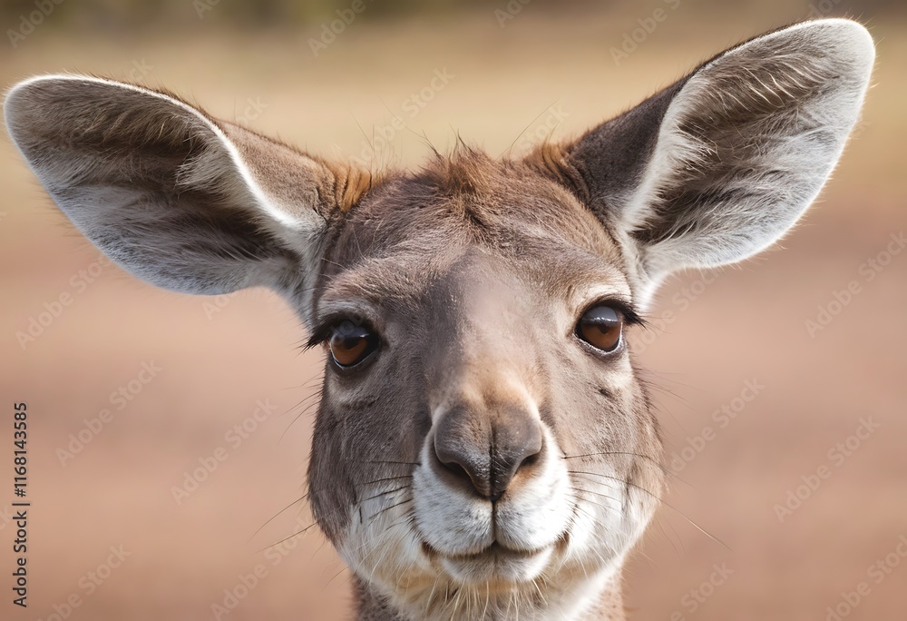 Obraz premium Close-up of a curious kangaroo's face. A close-up portrait of a kangaroo's face showcasing its large expressive eyes and soft muted-brown fur