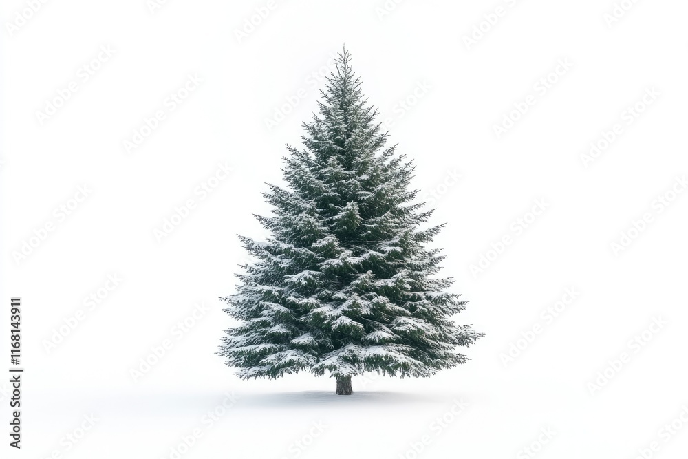 A snow-covered evergreen tree stands tall against a bright white background. A snow-covered evergreen tree stands tall against a bright white background.