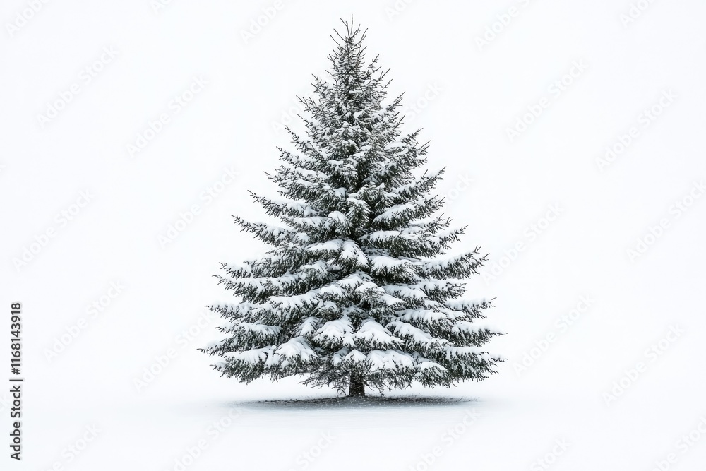 Obraz premium A snow-covered evergreen tree stands alone in a pristine white landscape.