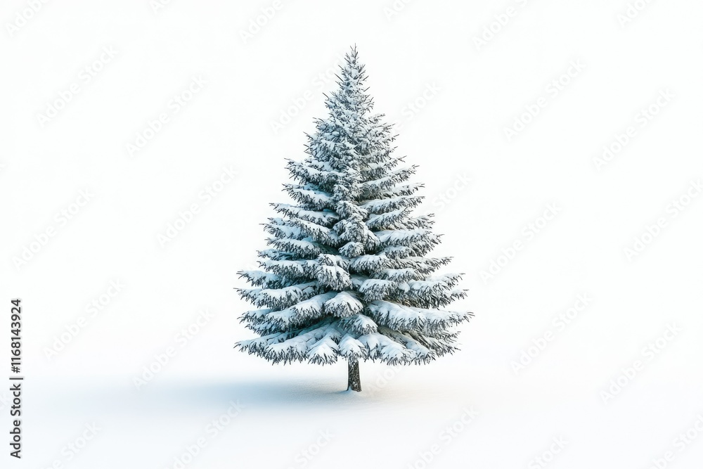 Fototapeta premium A snow-covered evergreen tree stands alone in a pristine white landscape.