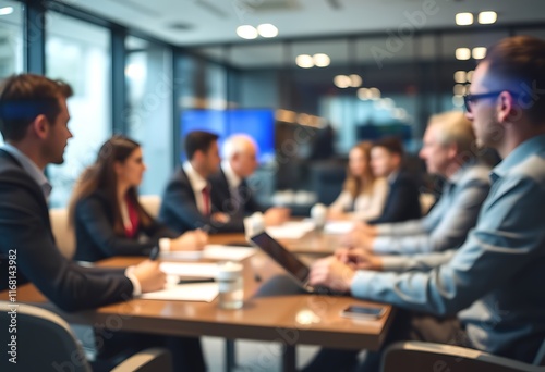 Business Team in Meeting, Blurred Corporate Focus. A blurred image of a business meeting in progress