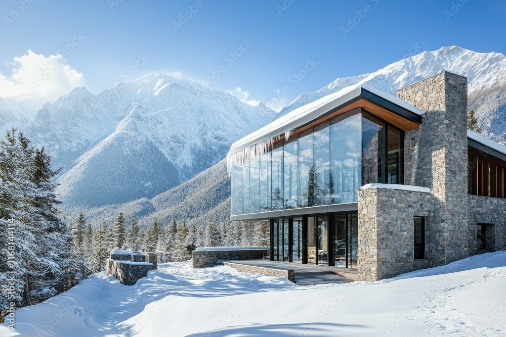 A stunning modern mountain home nestled in a snow-covered landscape, offering breathtaking views. A stunning modern mountain home nestled in a snow-covered landscape, offering breathtaking views.
