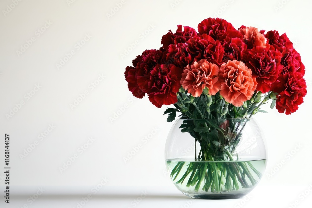 A bouquet of red and peach carnations in a clear glass vase against a white background. A bouquet of red and peach carnations in a clear glass vase against a white background.