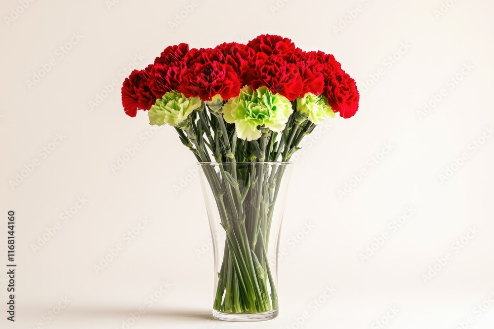 Obraz premium A bouquet of red and green carnations in a clear glass vase against a white background.