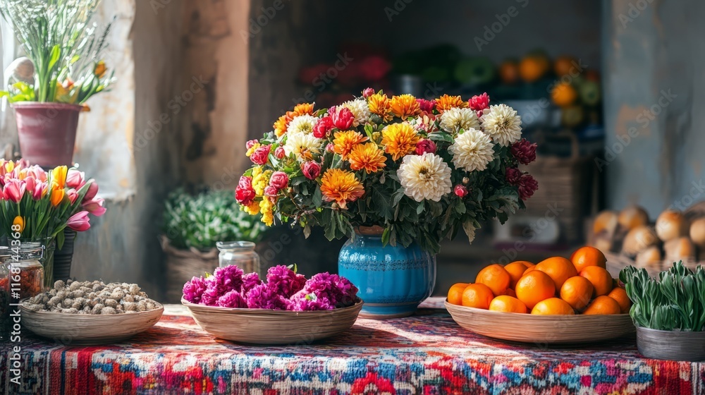 Fototapeta premium Spring equinox Nowruz theme with blooming flowers and colorful decorations