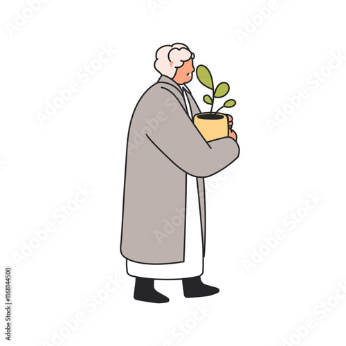 Old woman walking, carrying potted plant in hands. Senior older female going outdoors, holding houseplant. Elderly aged gray-haired granny. Flat vector illustration isolated on white background