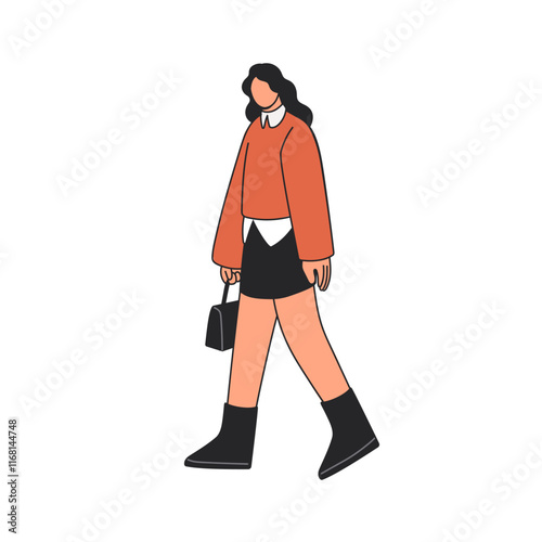 Young modern woman walking. Female character going in mini skirt with bag in ...