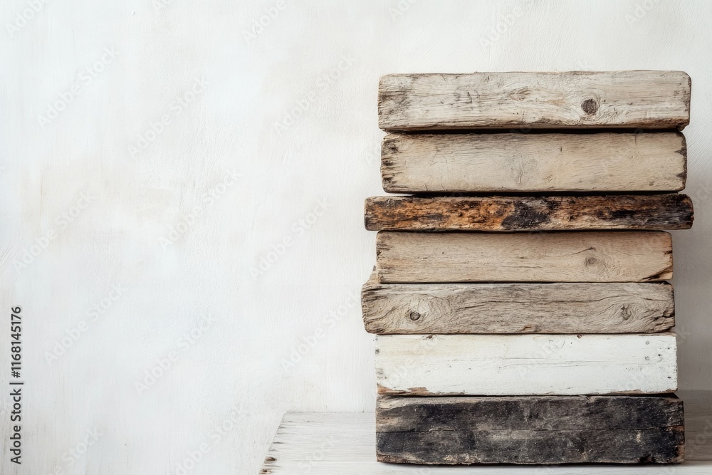 A stack of weathered, rustic wooden planks against a white wall, showcasing natural textures and tones. A stack of weathered, rustic wooden planks against a white wall, showcasing natural textures and tones.