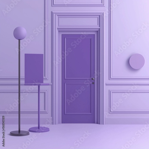 Purple door frame and podium in a pastel violet minimalist 3D scene.