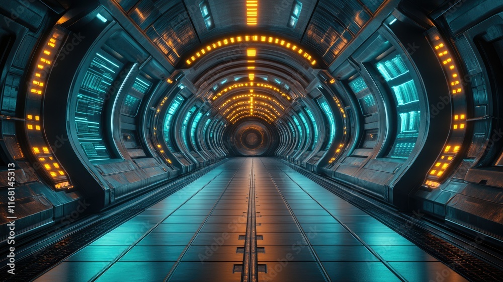 Fototapeta premium Futuristic Spaceship Corridor: A Sci-Fi Tunnel of Light and Metal