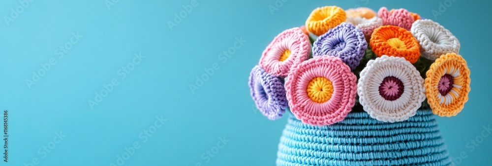 Vibrant crocheted flower arrangement in pastel colors, perfect for Mother's Day, Easter, birthday invitations, or spring-themed designs. Ideal for creative projects. Vibrant crocheted flower arrangement in pastel colors, perfect for Mother's Day, Easter, birthday invitations, or spring-themed designs. Ideal for creative projects.