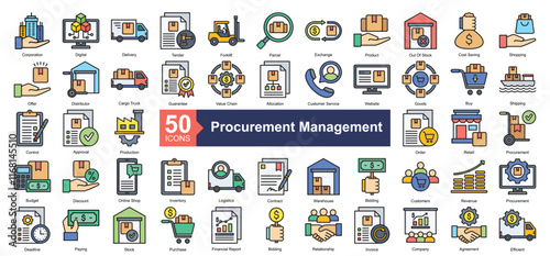 Procurement Management Icon Collection Set.Containing product, shopping, distributor, guarantee, value chain icon. Simple lineal style Vector Illustration.	