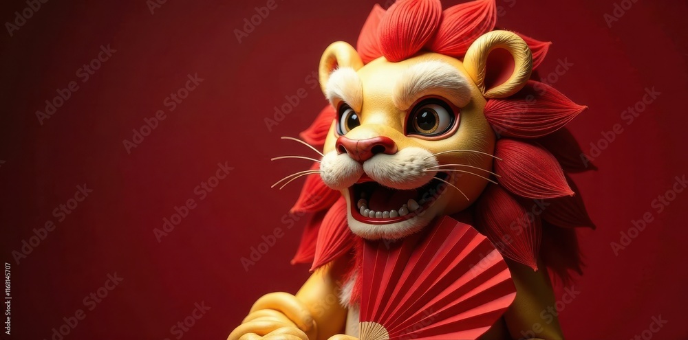 Smiling lion head, red fan held delicately, gold accents , lion, chinese new year Smiling lion head, red fan held delicately, gold accents , lion, chinese new year