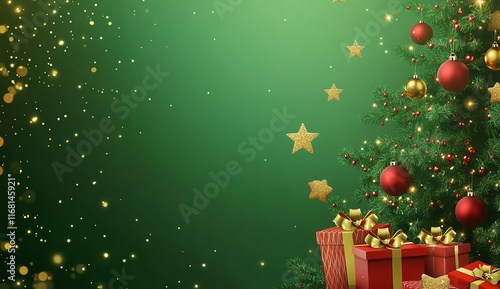 Christmas Tree with a Red Gift Box on a Green Background

 photo