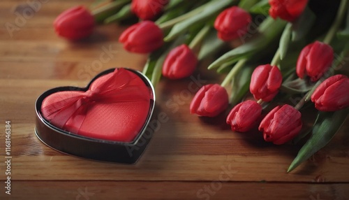 Reference ImageA chocolate heart and a bouquet of red tulips on a wooden table