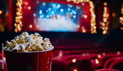 Cinematic Photograph of an Open Red Cinema with Popcorn

 photo