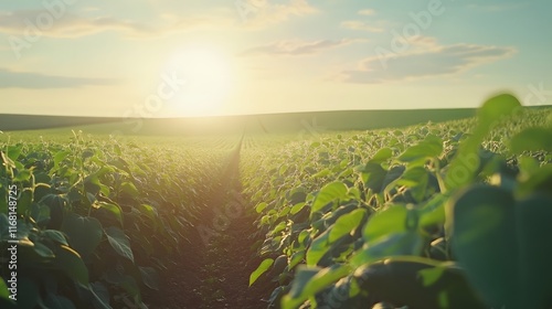 Golden Sunset Over Lush Green Soybean Field Rows