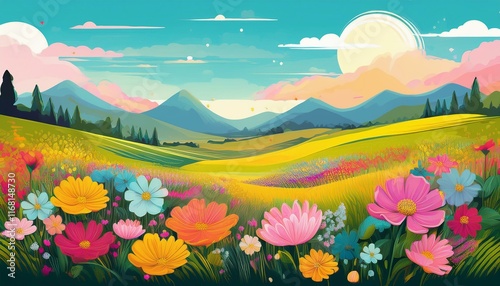 Children's book flat lay illustration with a blooming flowers field - landscape with flowers and mountains