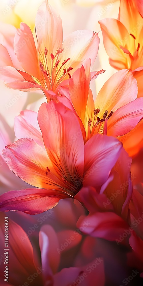 A macro shot of vibrant orange and pink flowers clustered together in a sunlit meadow, showcasing fine details of their petals.