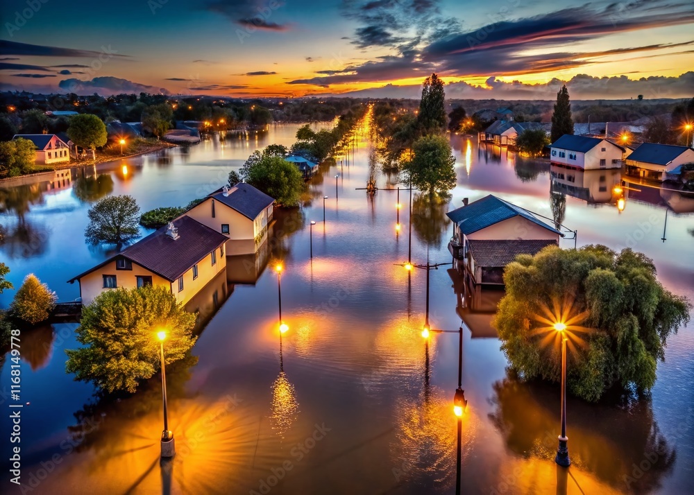 Fototapeta premium Aerial Dusk: Flooded Street, Houses & Streetlights - Dramatic Flood Scene Stock Photo