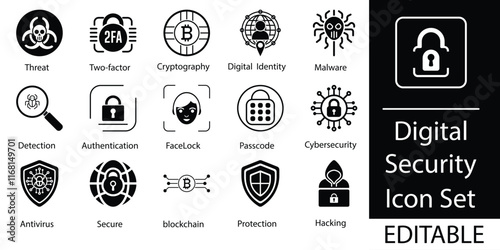 Digital Security Icon Set. Includes editable icons for cybersecurity, encryption, authentication, malware protection, blockchain, 2FA, and more.For IT professionals, developers, and security projects.