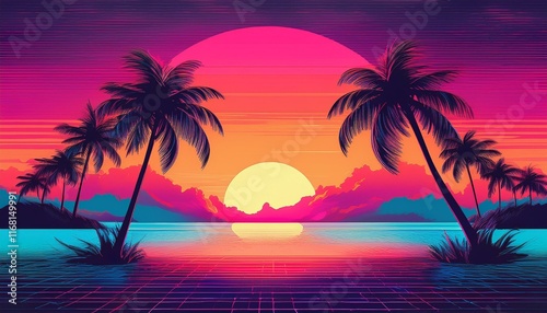 Tropical beach with palm trees silhouette at sunset background - Tropical sunset with trees