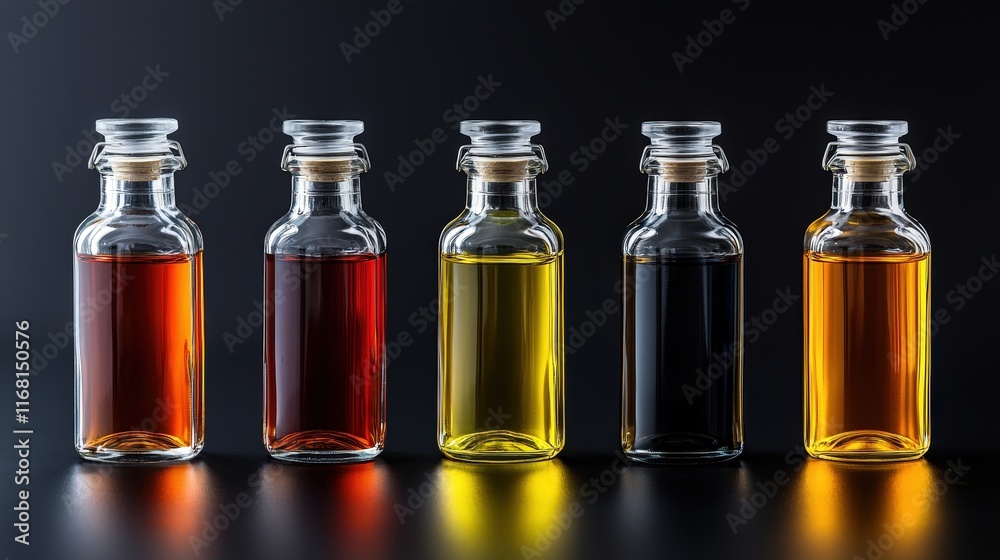 A row of transparent glass bottles filled with different colored dietary oils, resting on a polished black surface. Focus on the clarity and depth of the oils. A row of transparent glass bottles filled with different colored dietary oils, resting on a polished black surface. Focus on the clarity and depth of the oils.