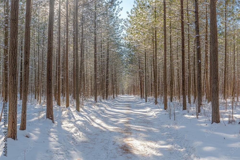Sunlit path through a snowy pine forest, tall trees casting long shadows on the pristine winter landscape. Sunlit path through a snowy pine forest, tall trees casting long shadows on the pristine winter landscape.