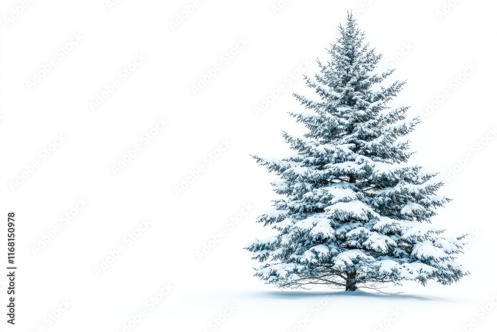 A snow-covered evergreen tree stands alone against a white background, a serene winter scene. A snow-covered evergreen tree stands alone against a white background, a serene winter scene.