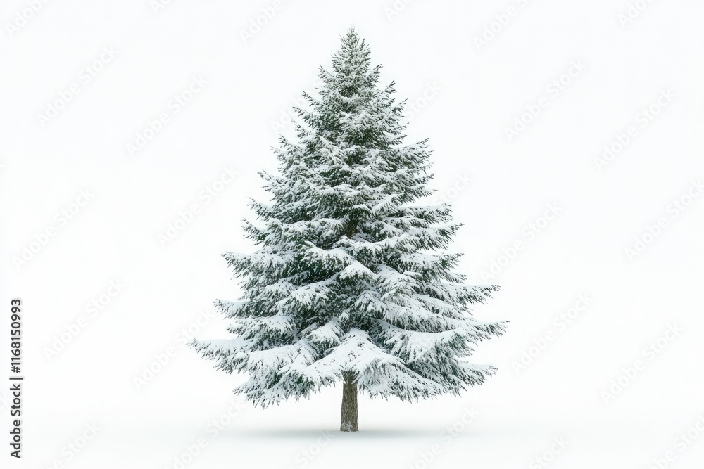 A snow-covered evergreen tree stands tall against a bright white background, showcasing winter's beauty. A snow-covered evergreen tree stands tall against a bright white background, showcasing winter's beauty.