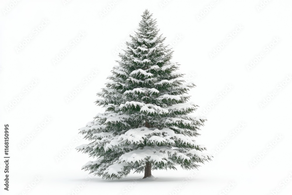 A majestic evergreen tree covered in a thick blanket of pristine snow, standing tall against a bright white background. A majestic evergreen tree covered in a thick blanket of pristine snow, standing tall against a bright white background.