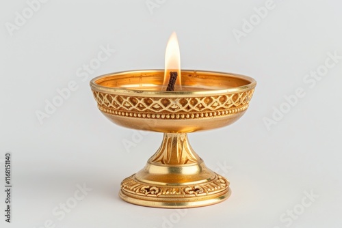 Symmetric golden oil lamp for temple worship  brass wick stand photo