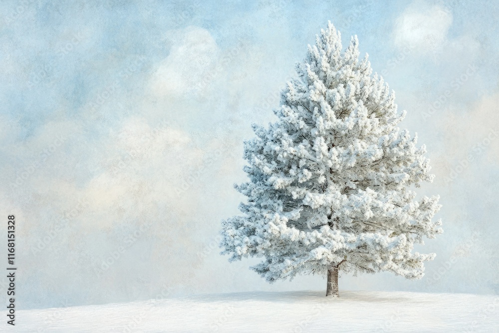 Fototapeta premium A snow-covered pine tree stands alone in a serene winter landscape under a pale sky.