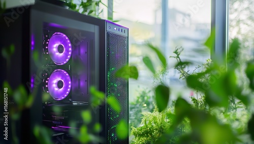 Close-up of a Glass Case with a Black Gaming Computer and Peripheral Units

 photo