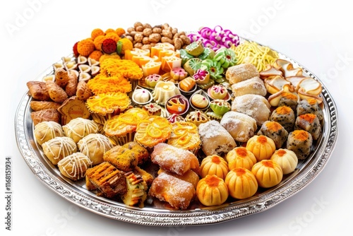 Diwali food   snacks   sweets in silver plate isolated on white background photo