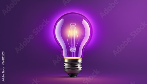 Light bulb on purple background with copy space. Glowing light bulb symbol of new idea, creativity, innovation, concept, technology, equipment, glowing, inspiration, invention, solution, 