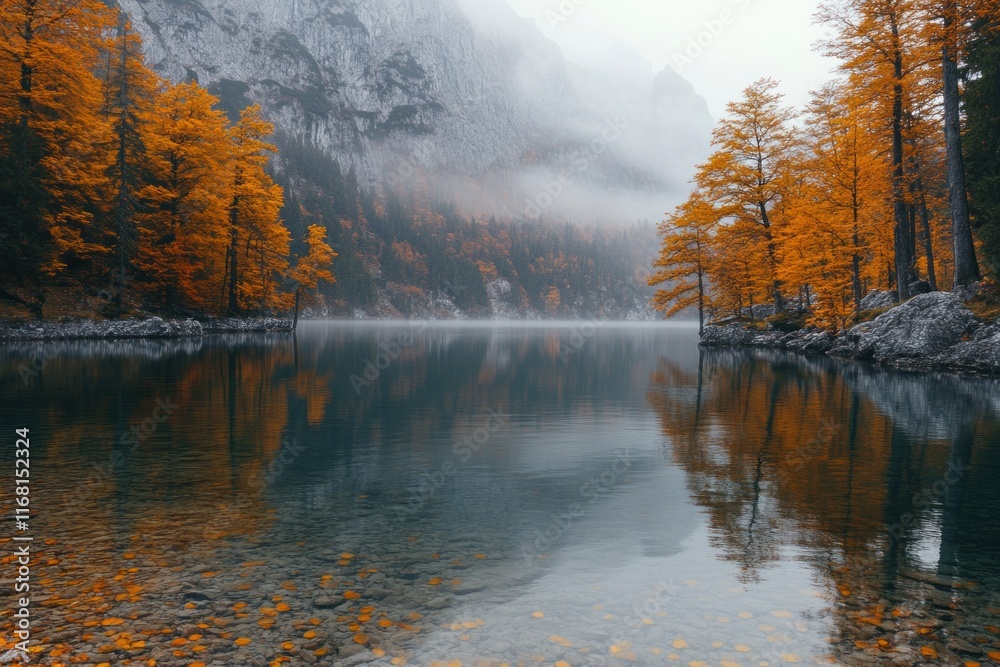 Obraz premium Autumn Lake with Reflection of Trees and Misty Mountains