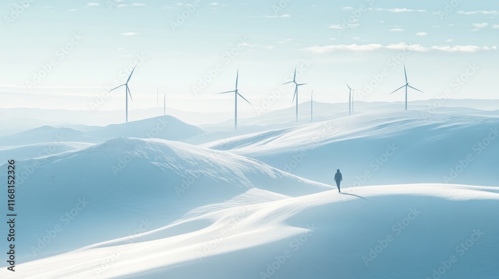 A lone figure walking among snow-covered dunes, with wind turbines standing tall in the distance. Soft light creates long shadows A lone figure walking among snow-covered dunes, with wind turbines standing tall in the distance. Soft light creates long shadows