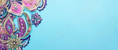 Colorful ornate paisley patterns with rhinestone accents on a light blue background.