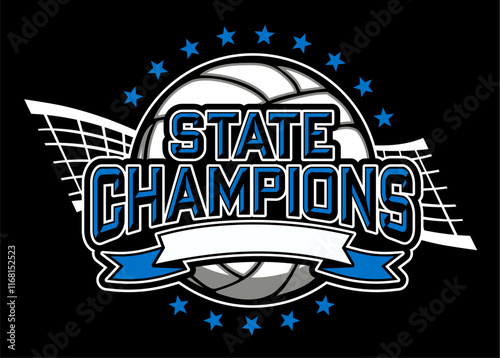 state champions in volleyball team design with ball and banner for school, college or league sports