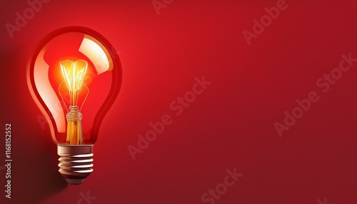 Light bulb on Red background with copy space. Glowing light bulb symbol of new idea, creativity, innovation, concept, technology, equipment, glowing, inspiration, invention, solution, 