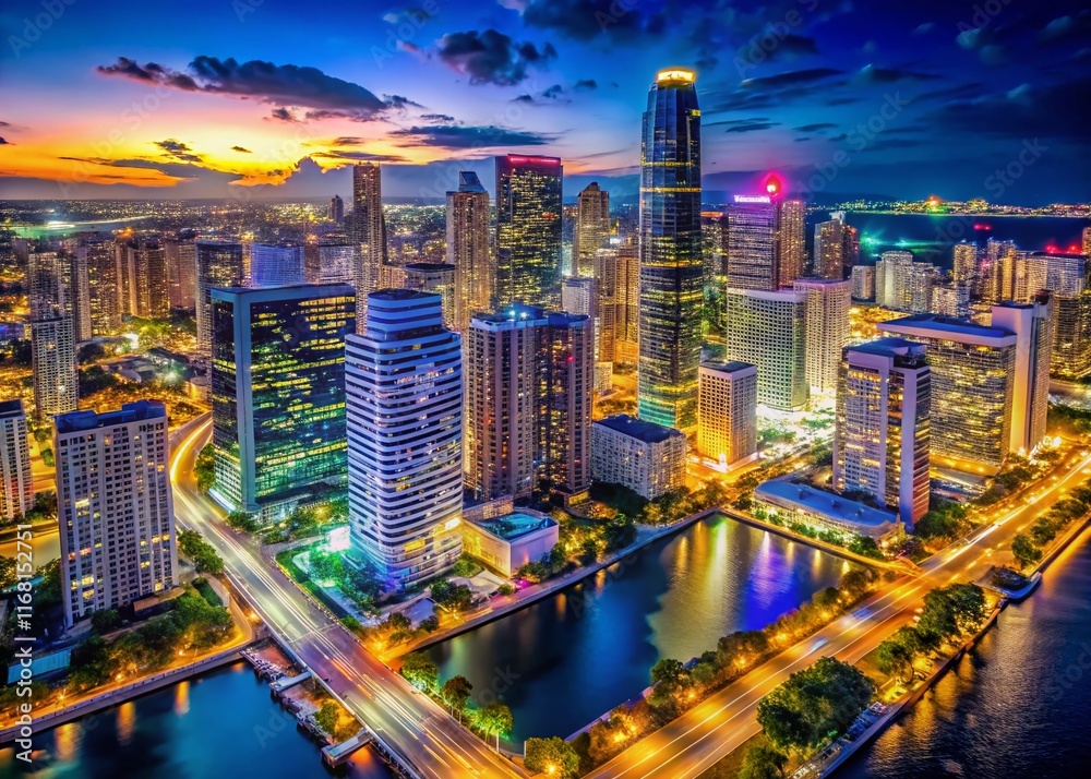 Obraz premium Aerial Night View of Downtown Miami Skyline with Copy Space