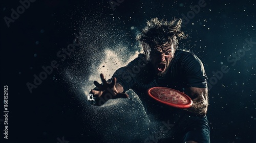Intense man playing ultimate frisbee, dust flying.