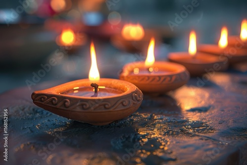 Happy Diwali Clay Diya lamps lit during Dipavali  Hindu festival of lights celebration photo