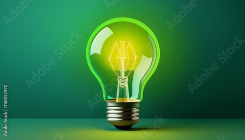 Light bulb on green background with copy space. Glowing light bulb symbol of new idea, creativity, innovation, concept, technology, equipment, glowing, inspiration, invention, solution, 