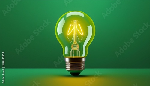 Light bulb on green background with copy space. Glowing light bulb symbol of new idea, creativity, innovation, concept, technology, equipment, glowing, inspiration, invention, solution, 