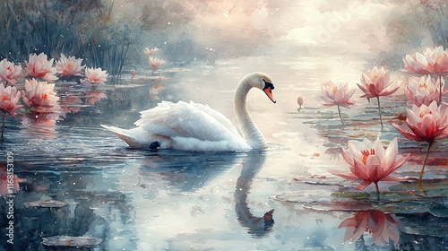 Fototapeta Naklejka Na Ścianę i Meble -  Serene swan gracefully gliding on tranquil water among pink water lilies at sunrise.