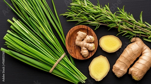 Herbal plants like lemongrass, ginger, and rosemary.  photo