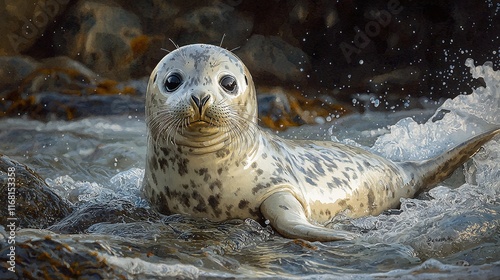 Harbor seal pup emerges from ocean waves, curious expression. photo