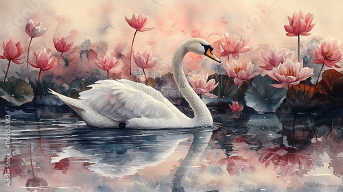 Fototapeta Naklejka Na Ścianę i Meble -  Elegant white swan gracefully swimming on calm water among pink lotus flowers, reflecting its serene image.